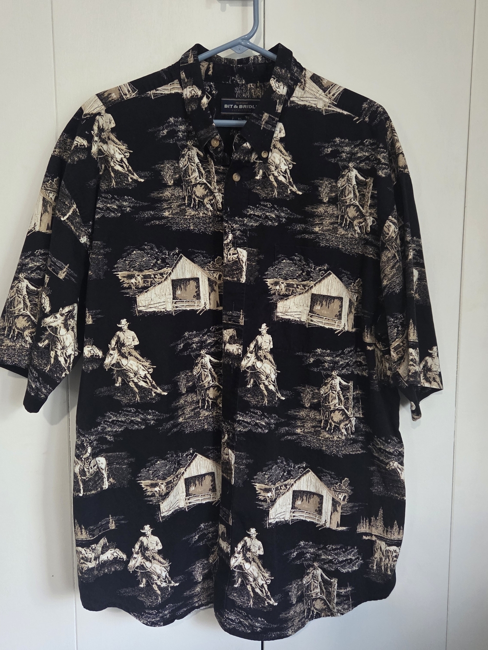 Bit & Bridle Men XL Western Shirt Cowboy Barn Horse Novelty Print Cotton SS